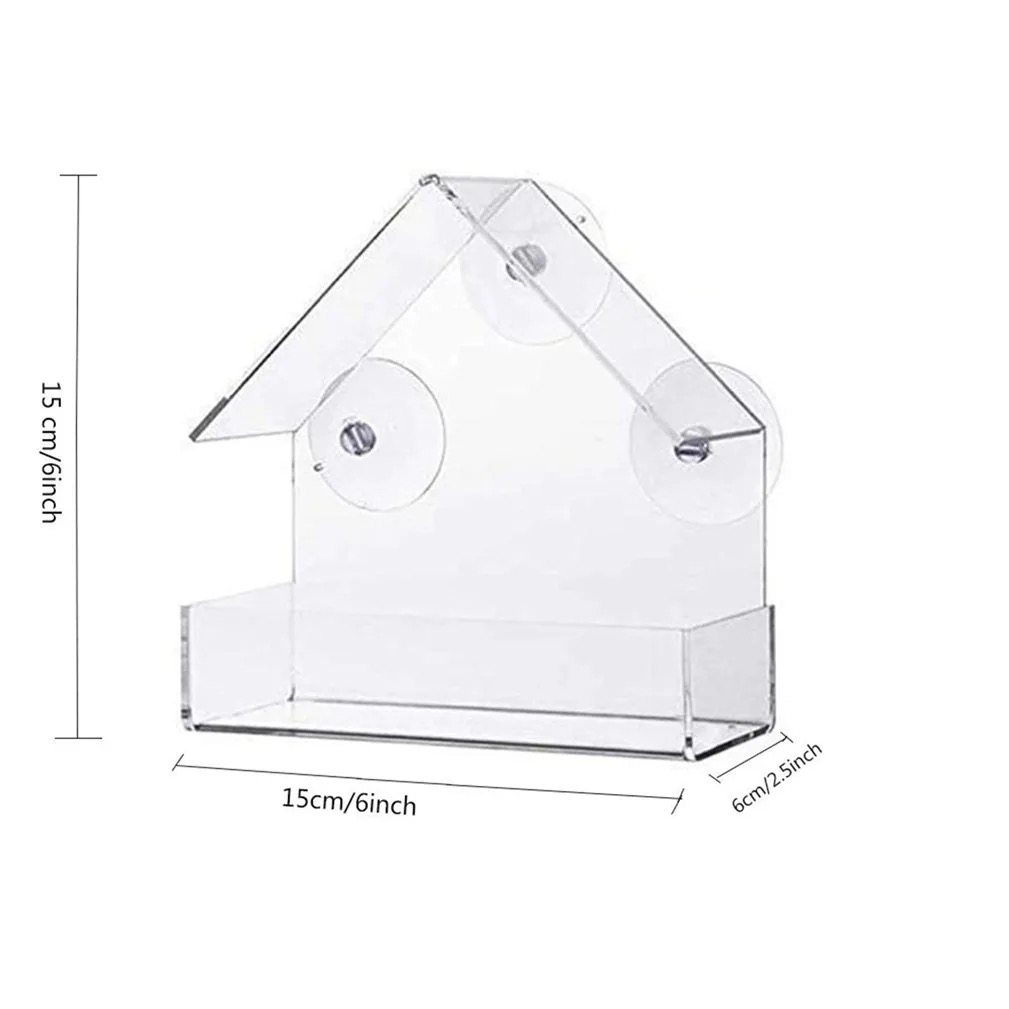 Clear House Suction Cup Bird Feeder for Windows 7 Clear acrylic house window bird feeder dimensions 5.9 x 5.9 x 2.4 in (15 x 15 x 6 cm) with three suction cups