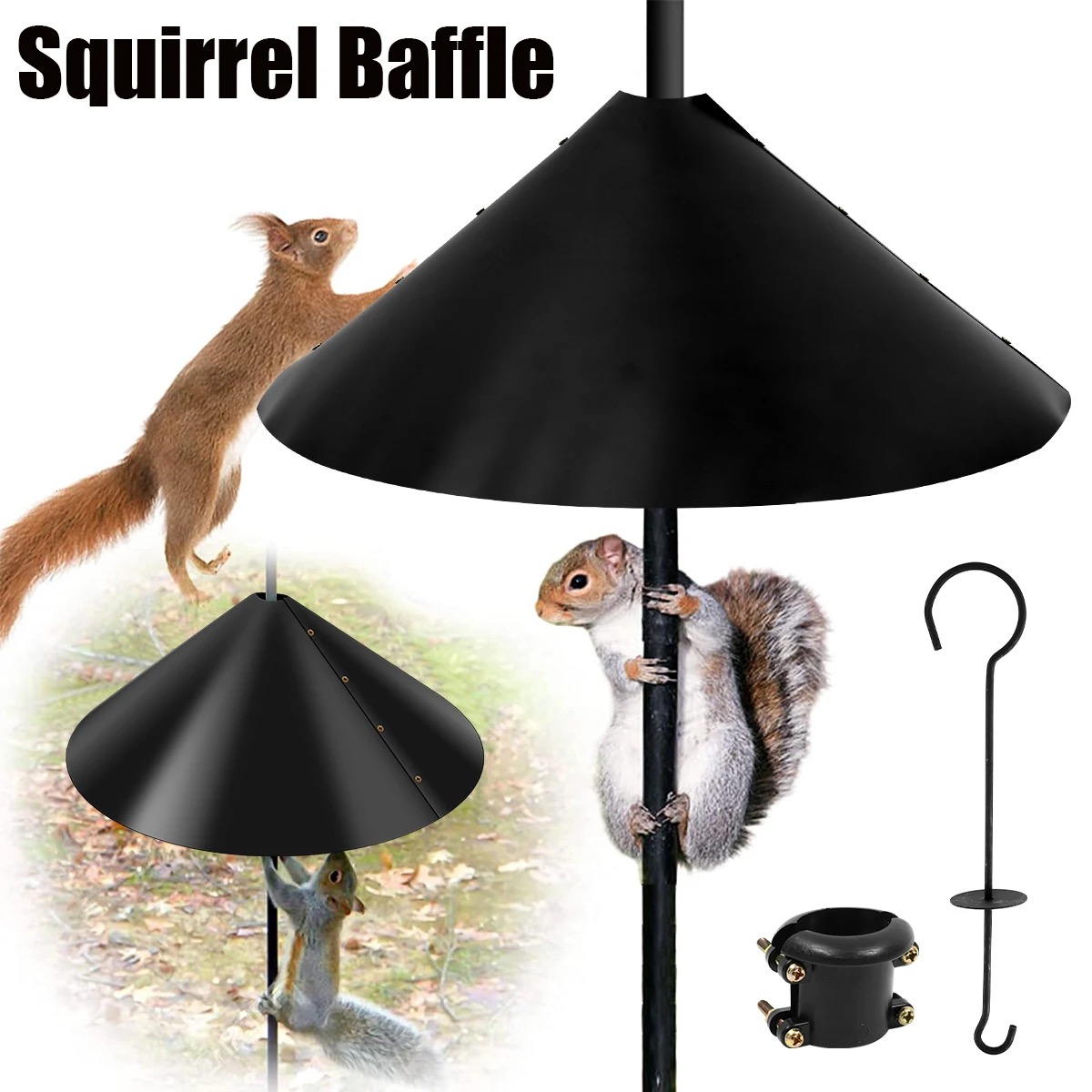 A squirrel unable to climb past a wide cone baffle on a feeder pole