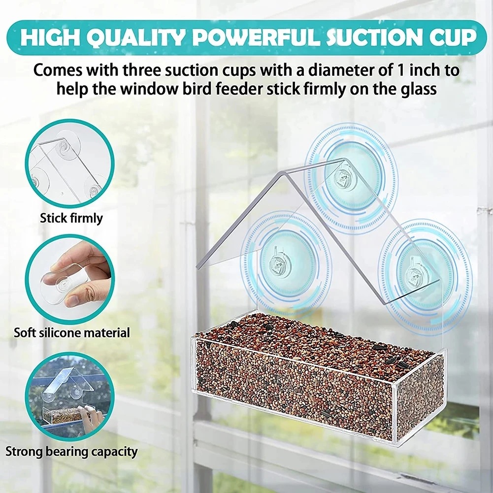 Clear House Suction Cup Bird Feeder for Windows 8 Transparent acrylic bird feeder held to glass by strong suction cups